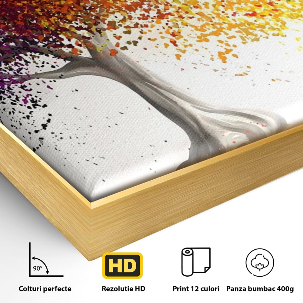 Detaliu al suprafetei: tablou canvas cu un copac colorat, in rama de aluminiu auriu